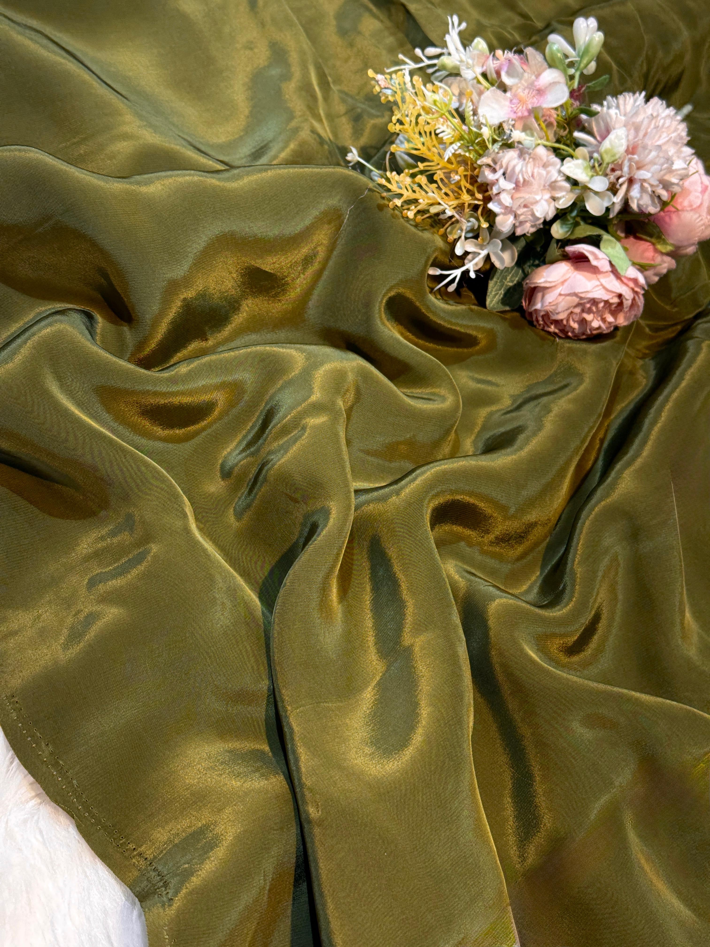 Olive Green Pure Viscose Crape Solid Colors 44 Inch width (Shade- R ...
