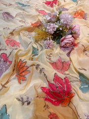 (Precut of 1 Meter) Lemon Yellow Georgette Embroidery With Sequins , Thread And Zari Work 44 Inch