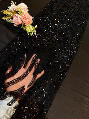 (Precut of 0.85 Meter) Black Handwork Net Embroidery With Sequins And Cutdana 44 Inch