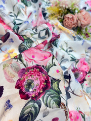 (Precut of 0.85 Meter) Satin Georgette Floral prints with Handwork 44 Inch width