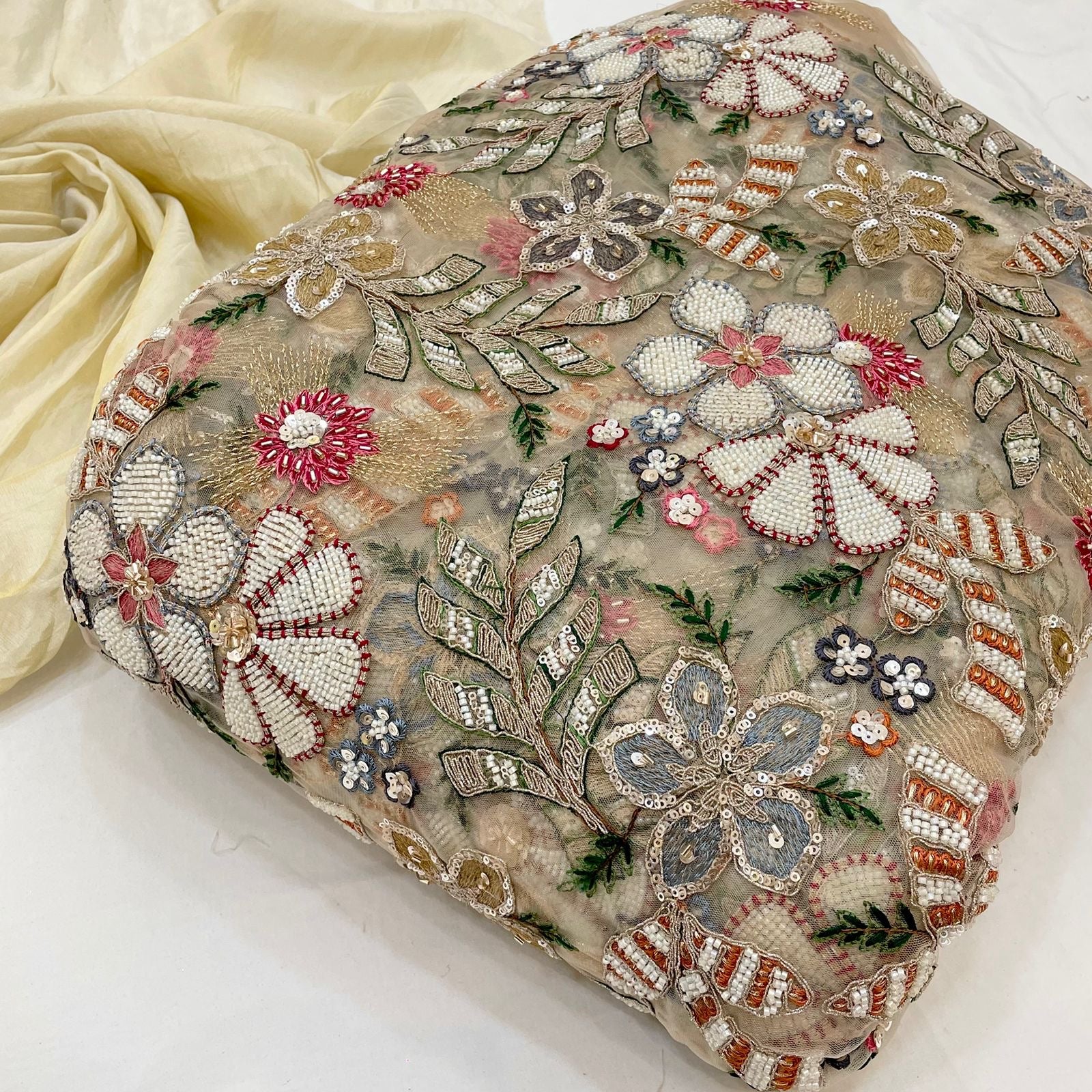 Beige Gulzar Net Handwork Embroidery 44 inch width – Fabric Forever