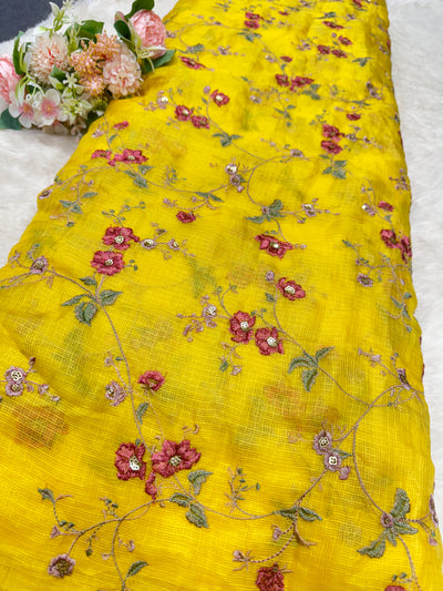 Pure Kota Silk Thread And Sequins Floral Jaal Embroidery