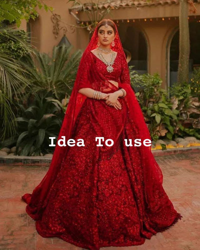 Maisha Hot Red Net Embroidery Dupatta 2.50 meter length with Cutwork Floral Border
