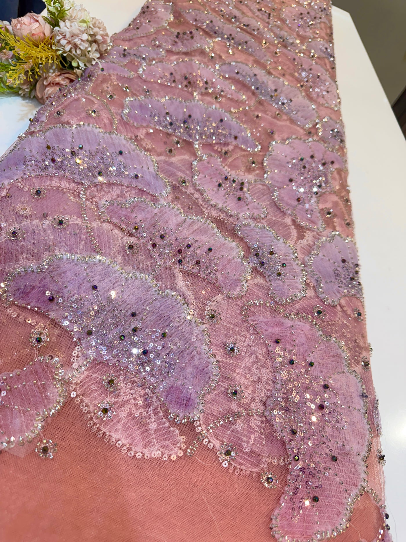Pink Nisha Applique Handwork Net Embroidery 54 inch width – Fabric Forever