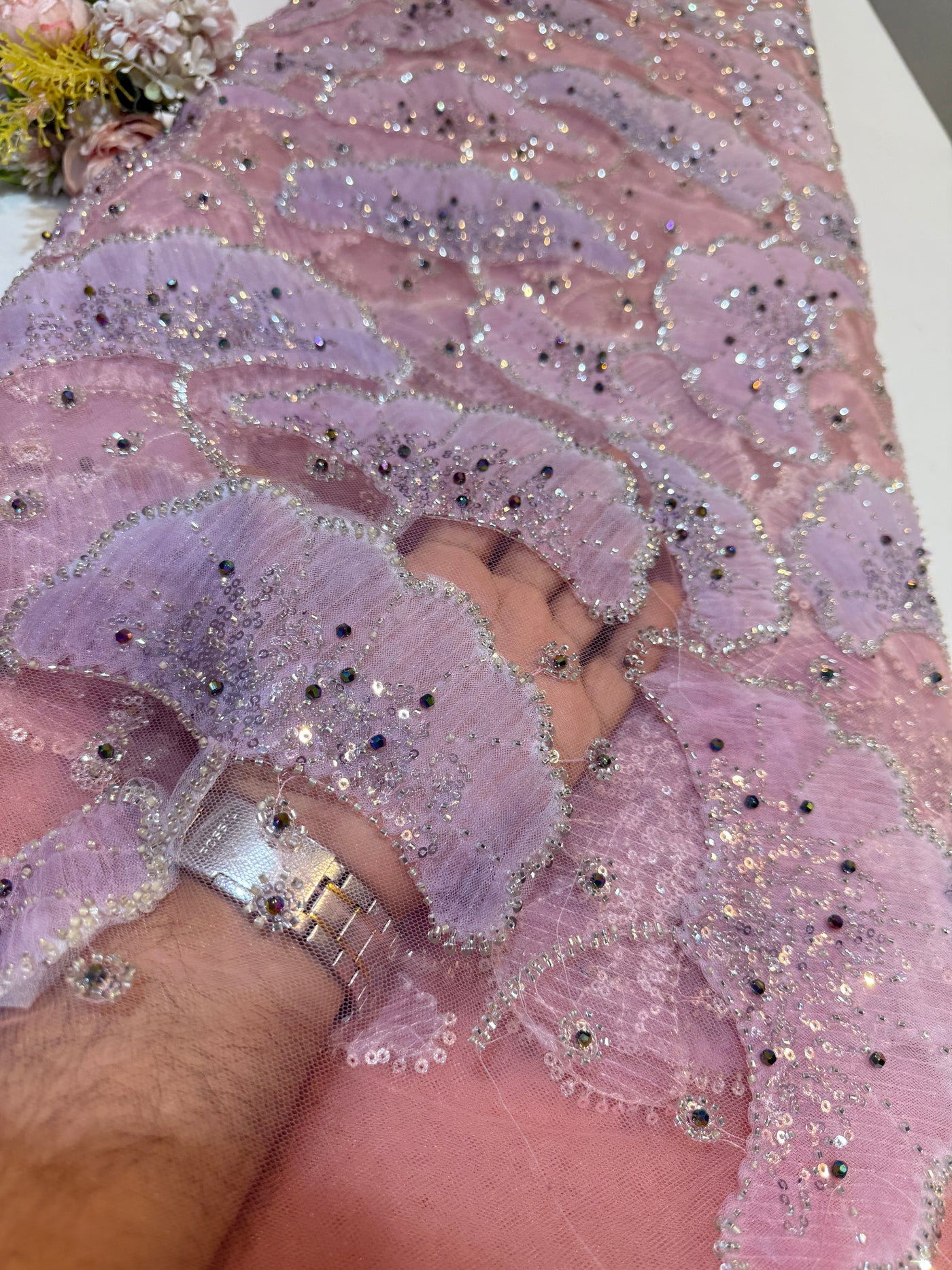 Pink Nisha Applique Handwork Net Embroidery 54 inch width – Fabric Forever