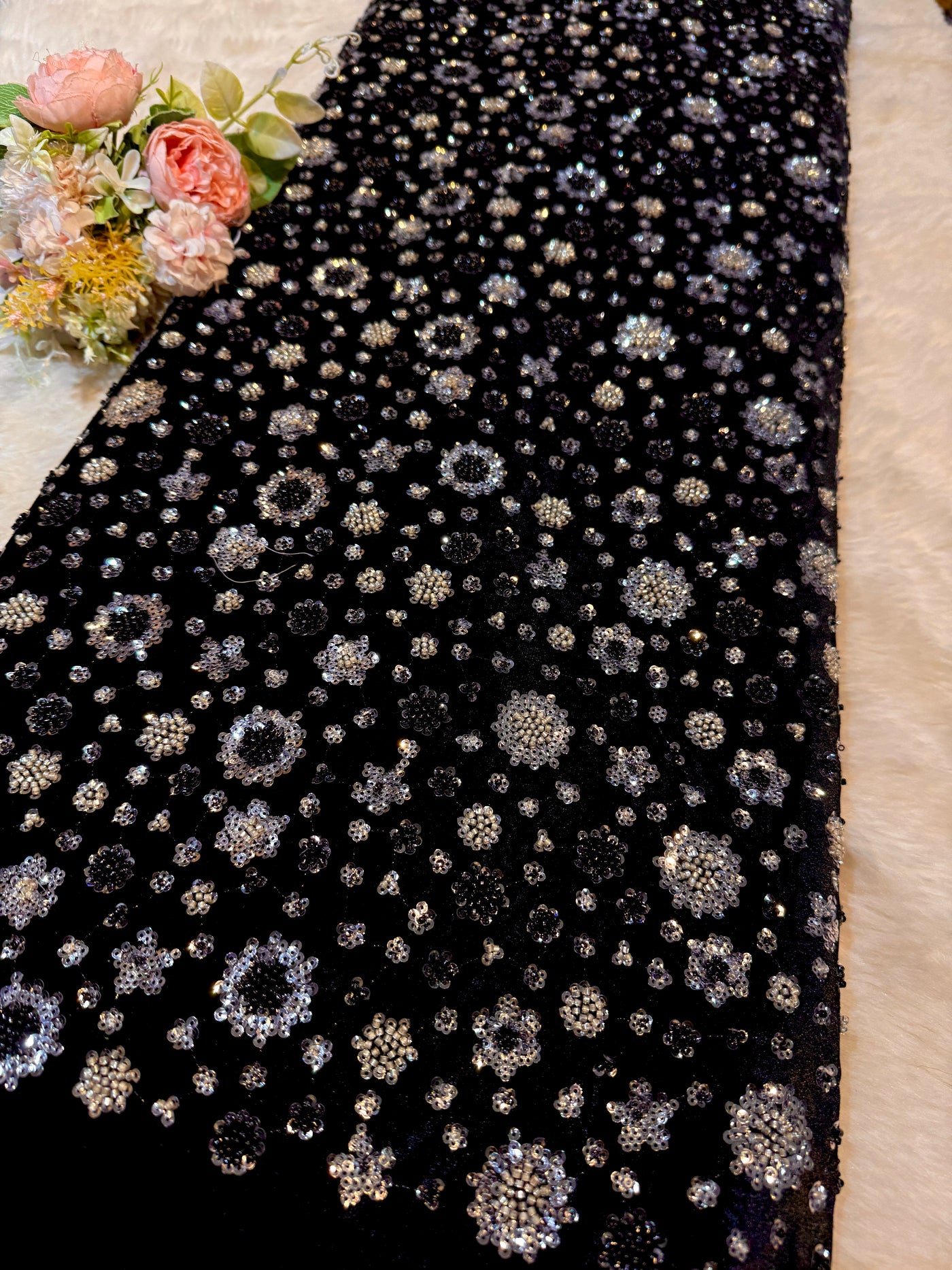 Ivora Imported Black Velvet Handwork Embroidery Stretchable 54 Inch Width