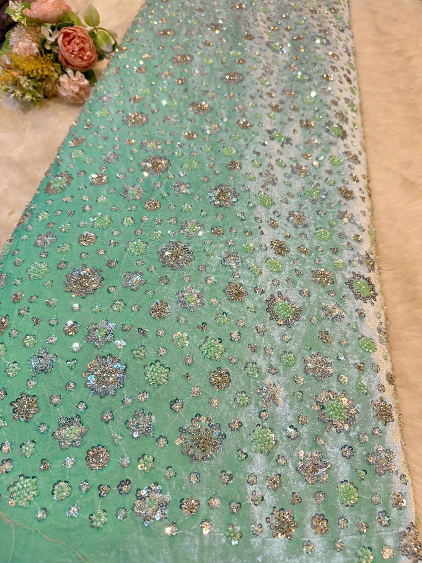 Ivora Imported Sea Green Velvet Handwork Embroidery Stretchable 54 Inch Width