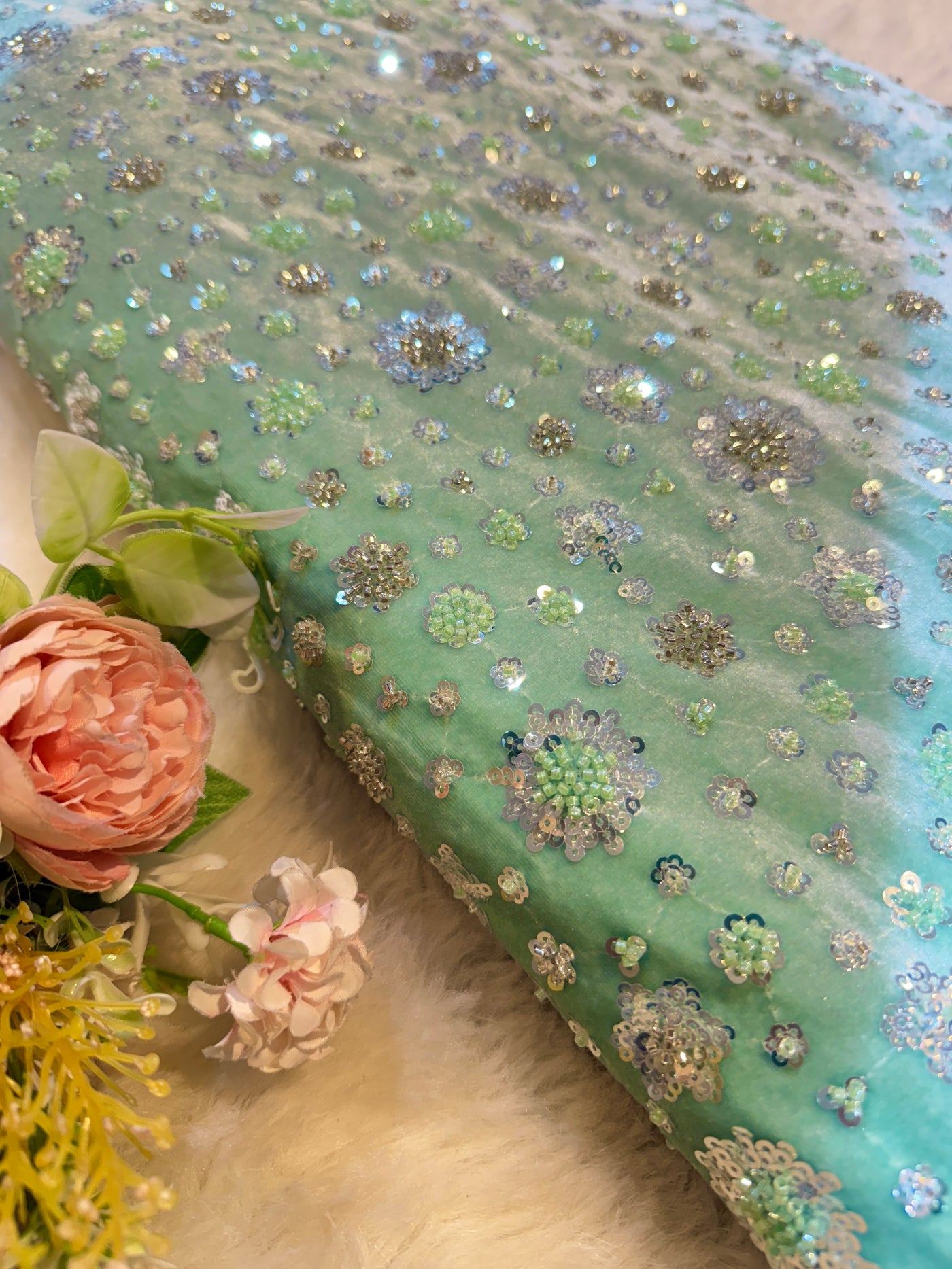 Ivora Imported Sea Green Velvet Handwork Embroidery Stretchable 54 Inch Width