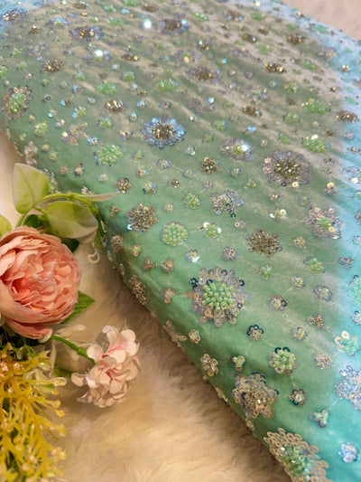 Ivora Imported Sea Green Velvet Handwork Embroidery Stretchable 54 Inch Width