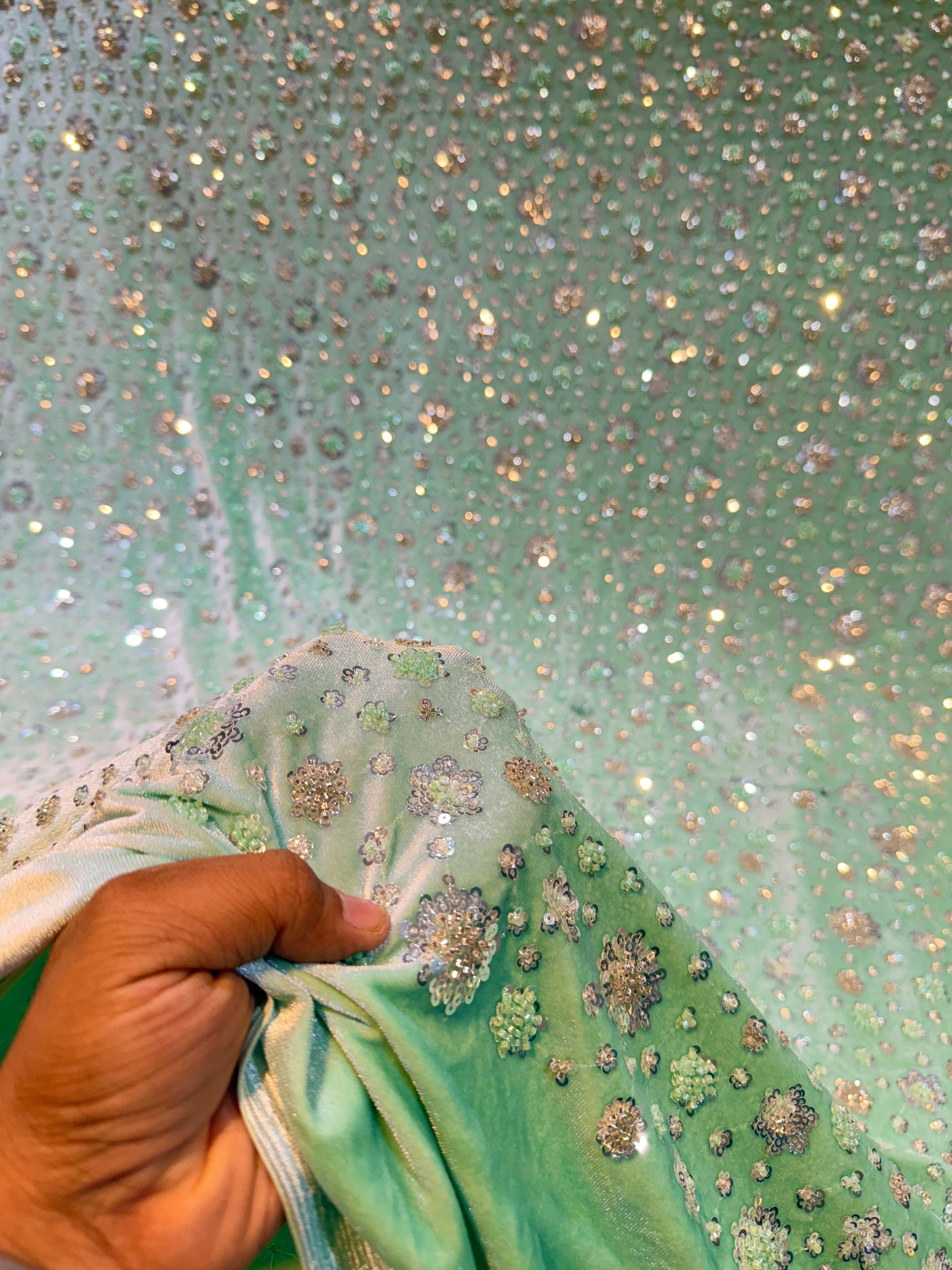 Ivora Imported Sea Green Velvet Handwork Embroidery Stretchable 54 Inch Width