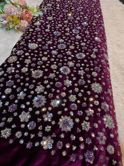 Ivora Imported Maroon Velvet Handwork Embroidery Stretchable 54 Inch Width