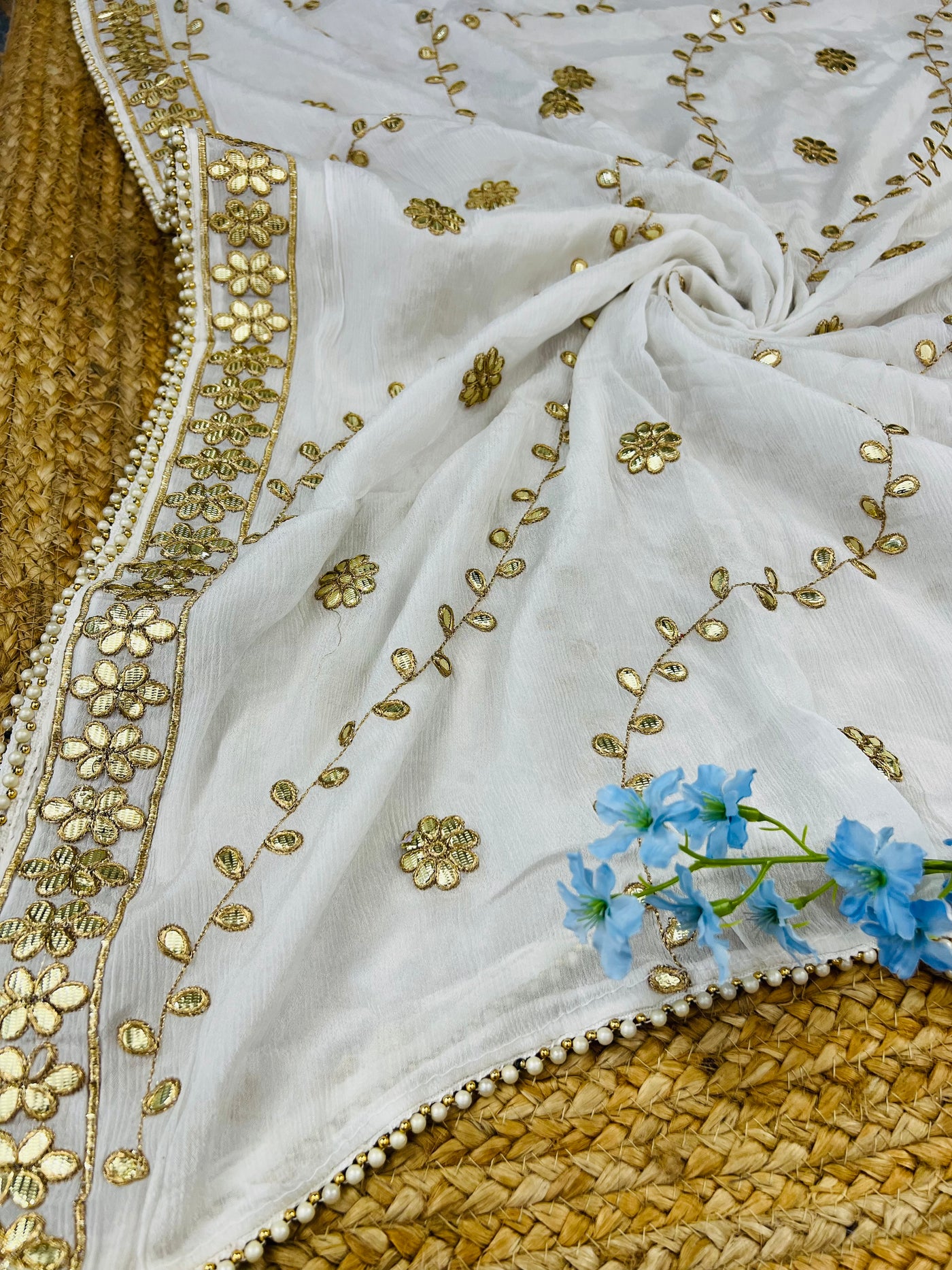 Pure Chinon Gota Patti Work Dupatta With Pearl Borders Dyeable