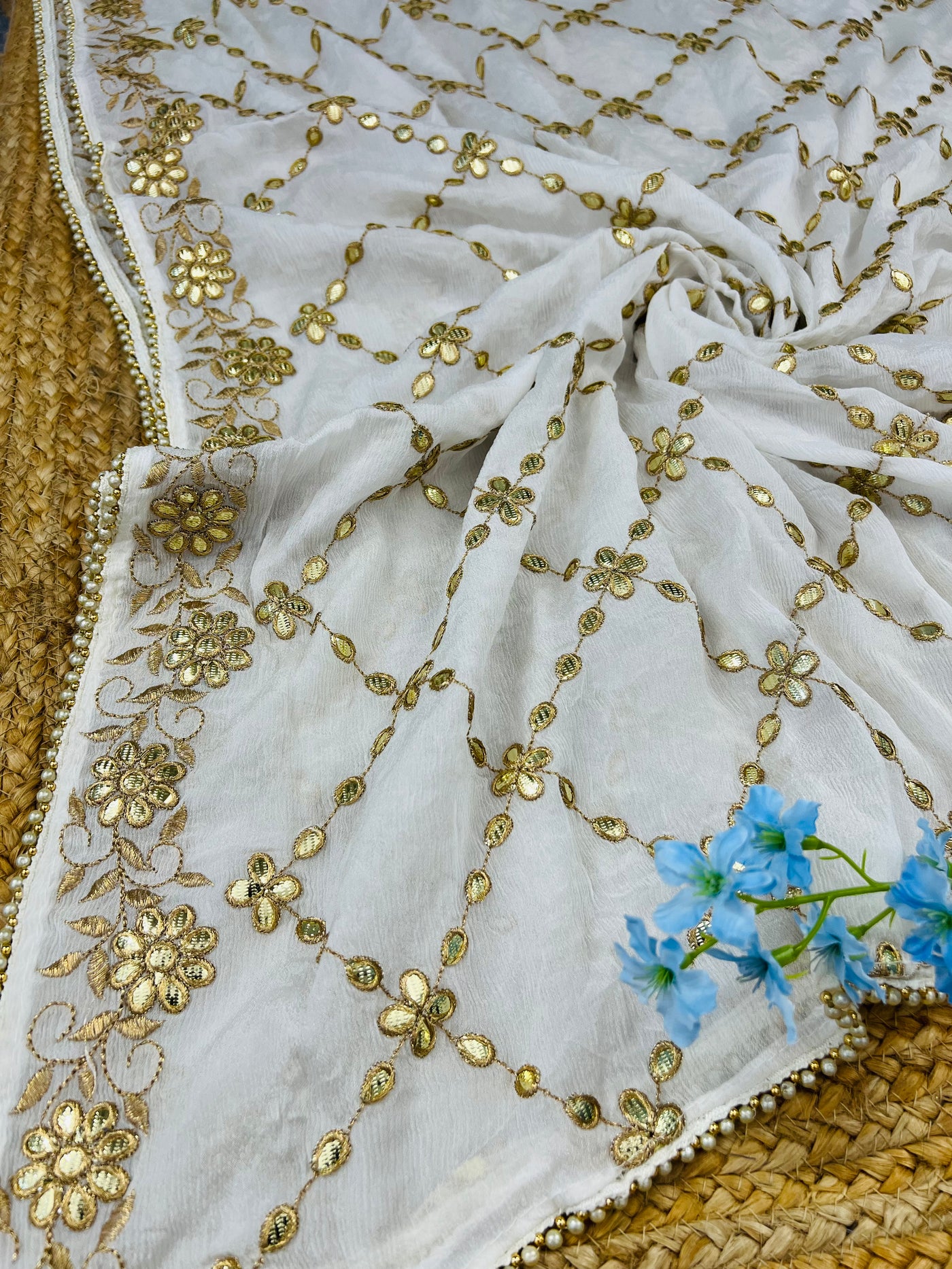 Pure Chinon Gota Patti Work Dupatta With Pearl Borders Dyeable