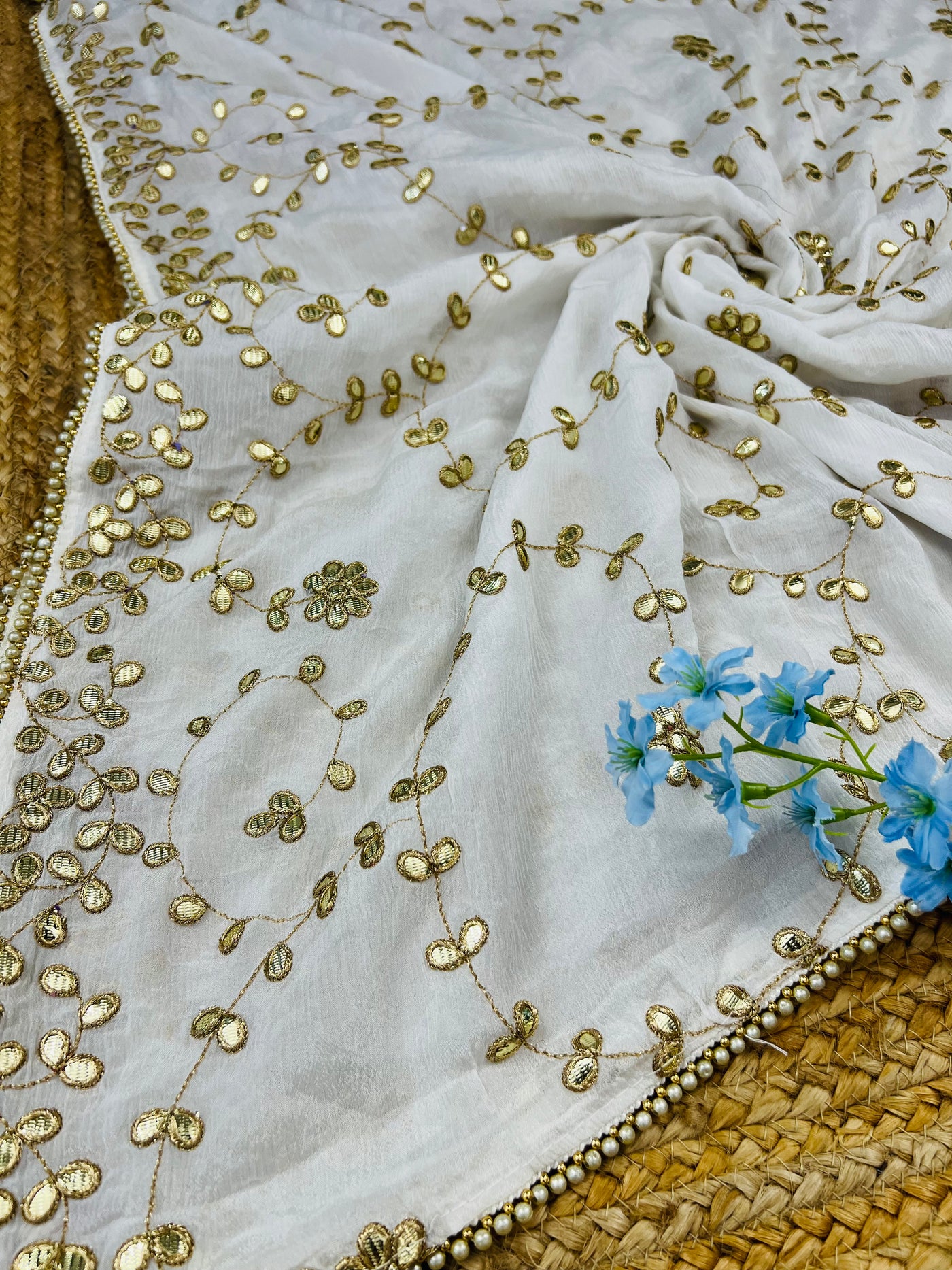 Pure Chinon Gota Patti Work Dupatta With Pearl Borders Dyeable