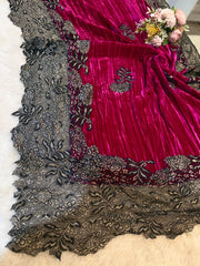 Magenta Crush Velvet Stoles With Cutwork Lace 2.10 meter length 37 inch width