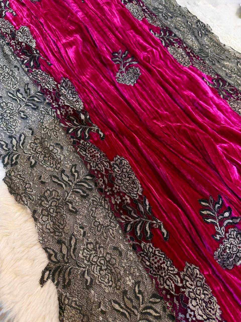 Magenta Crush Velvet Stoles With Cutwork Lace 2.10 meter length 37 inch width