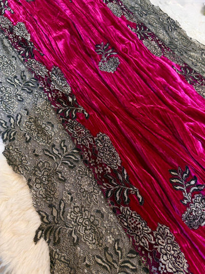 Magenta Crush Velvet Stoles With Cutwork Lace 2.10 meter length 37 inch width