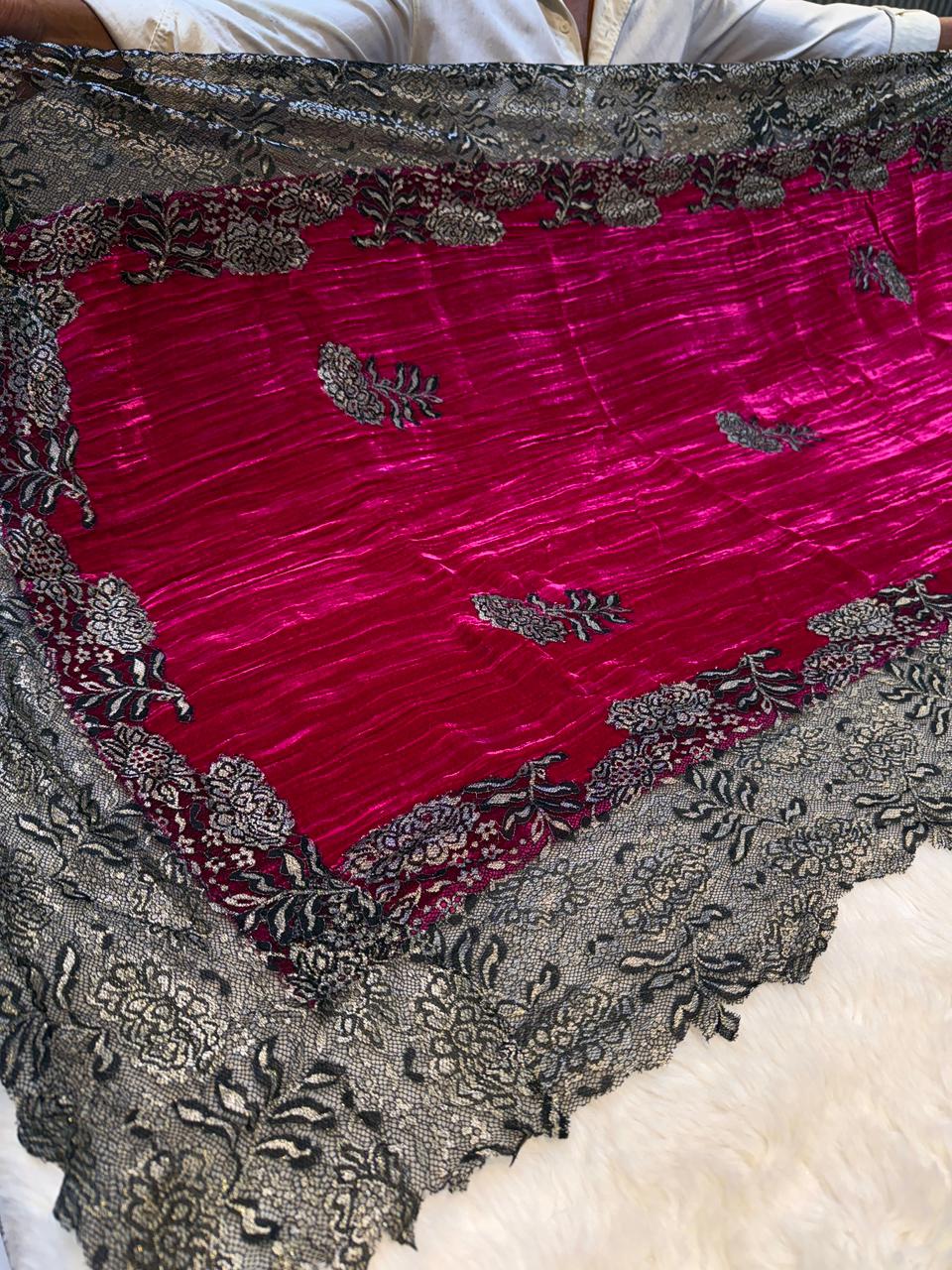 Magenta Crush Velvet Stoles With Cutwork Lace 2.10 meter length 37 inch width