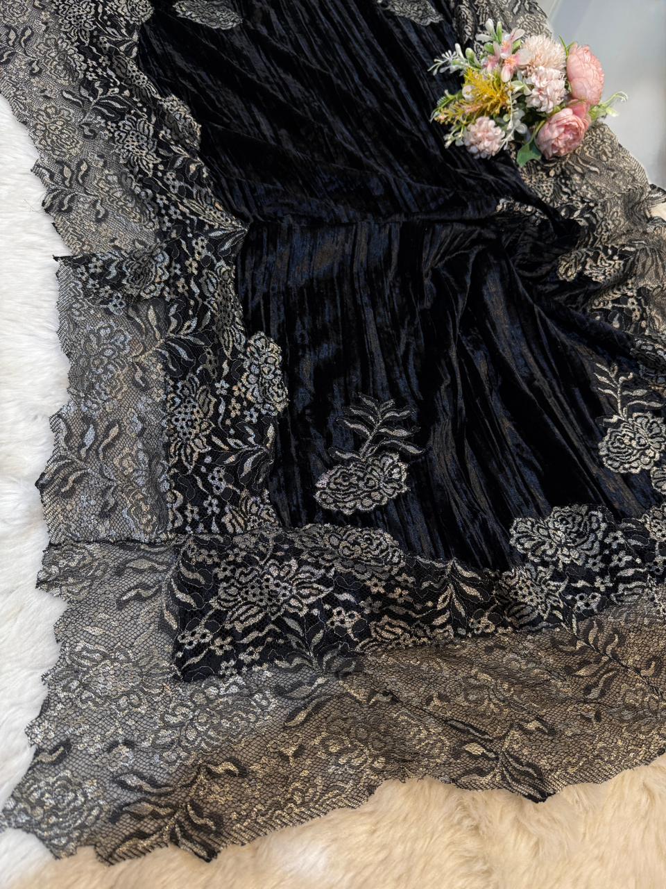 Black Crush Velvet Stoles With Cutwork Lace 2.10 meter length 37 inch width