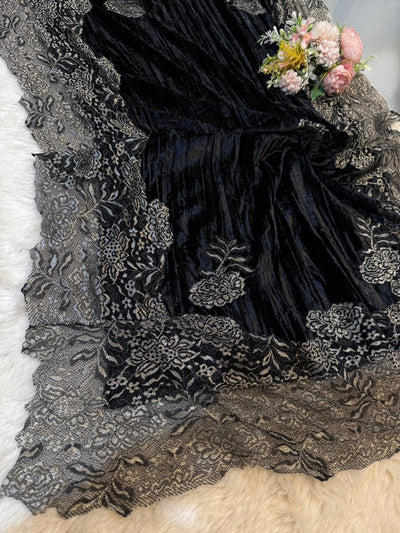 Black Crush Velvet Stoles With Cutwork Lace 2.10 meter length 37 inch width