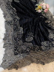 Black Crush Velvet Stoles With Cutwork Lace 2.10 meter length 37 inch width