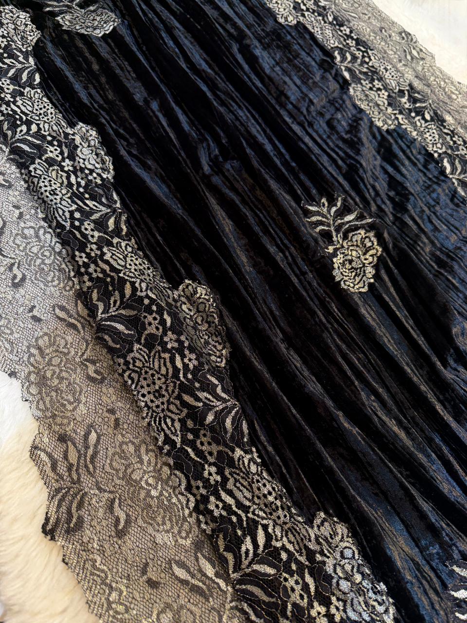 Black Crush Velvet Stoles With Cutwork Lace 2.10 meter length 37 inch width