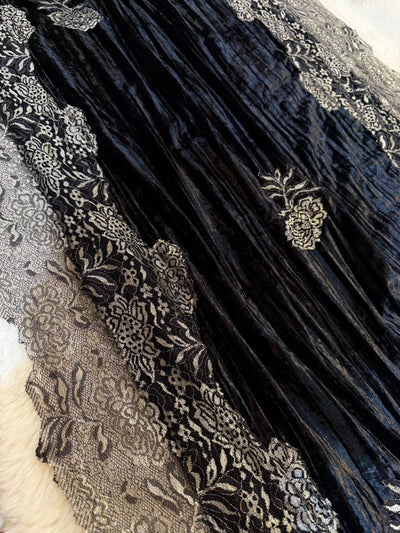 Black Crush Velvet Stoles With Cutwork Lace 2.10 meter length 37 inch width
