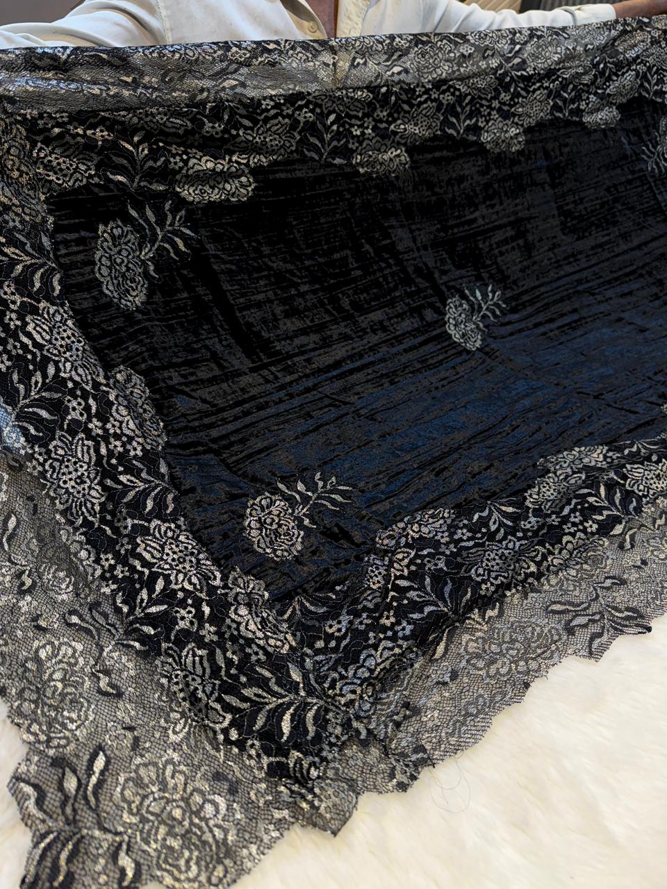 Black Crush Velvet Stoles With Cutwork Lace 2.10 meter length 37 inch width