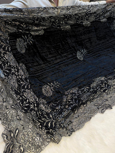Black Crush Velvet Stoles With Cutwork Lace 2.10 meter length 37 inch width