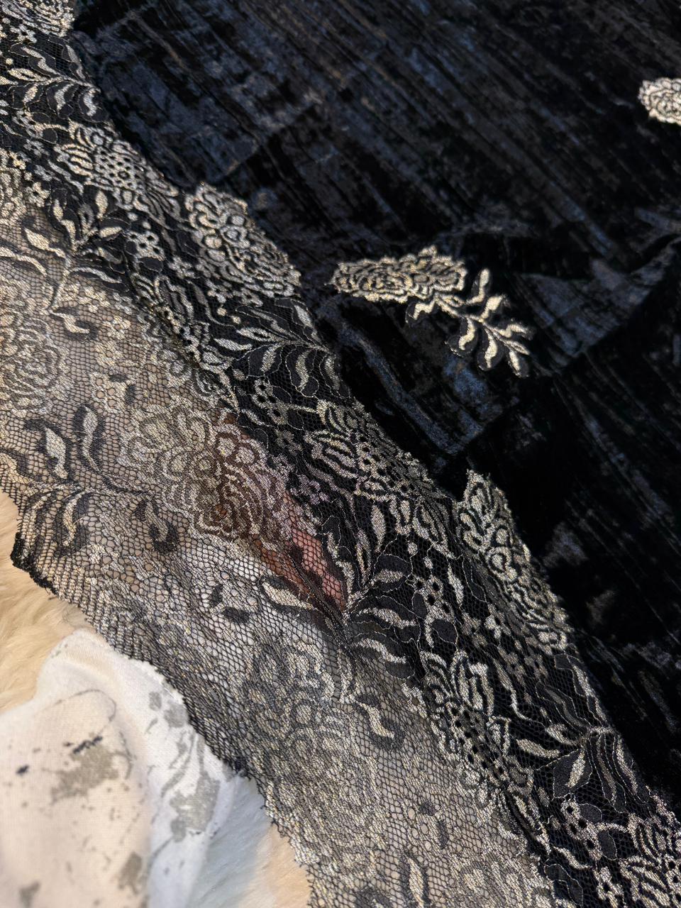 Black Crush Velvet Stoles With Cutwork Lace 2.10 meter length 37 inch width