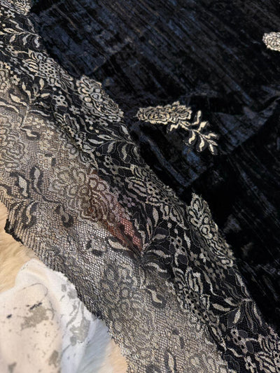 Black Crush Velvet Stoles With Cutwork Lace 2.10 meter length 37 inch width