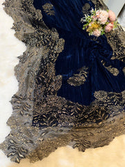 Navy Blue Crush Velvet Stoles With Cutwork Lace 2.10 meter length 37 inch width