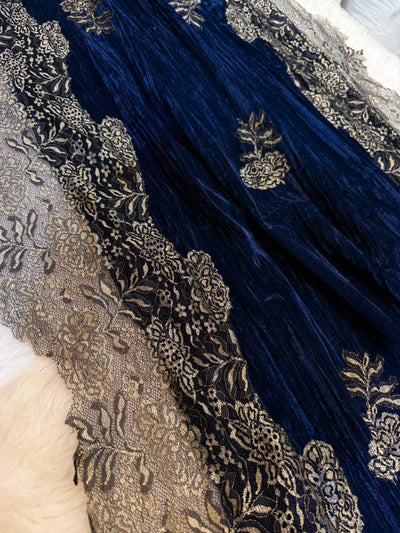 Navy Blue Crush Velvet Stoles With Cutwork Lace 2.10 meter length 37 inch width