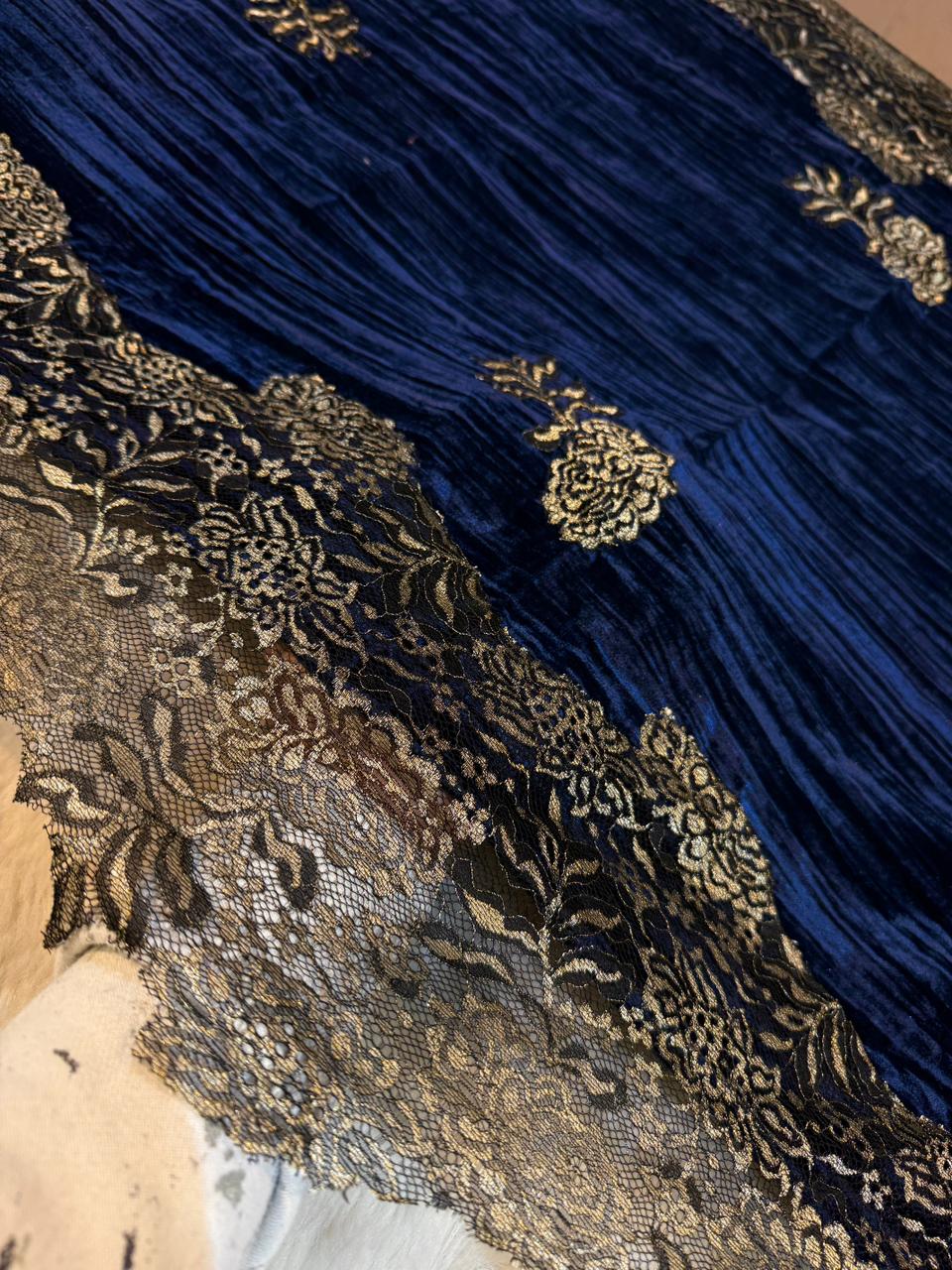 Navy Blue Crush Velvet Stoles With Cutwork Lace 2.10 meter length 37 inch width