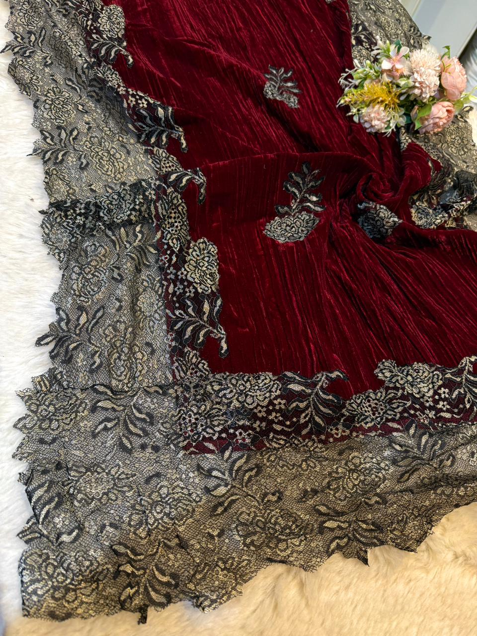 Maroon Crush Velvet Stoles With Cutwork Lace 2.10 meter length 37 inch width