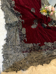 Maroon Crush Velvet Stoles With Cutwork Lace 2.10 meter length 37 inch width