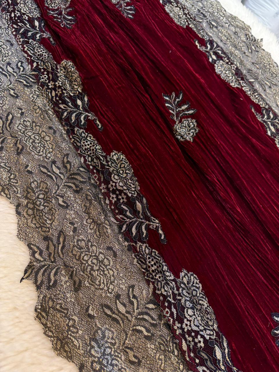 Maroon Crush Velvet Stoles With Cutwork Lace 2.10 meter length 37 inch width