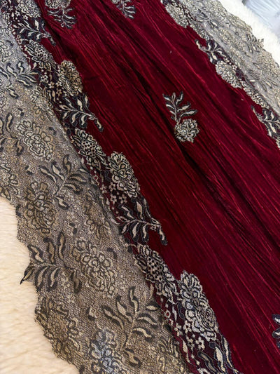 Maroon Crush Velvet Stoles With Cutwork Lace 2.10 meter length 37 inch width