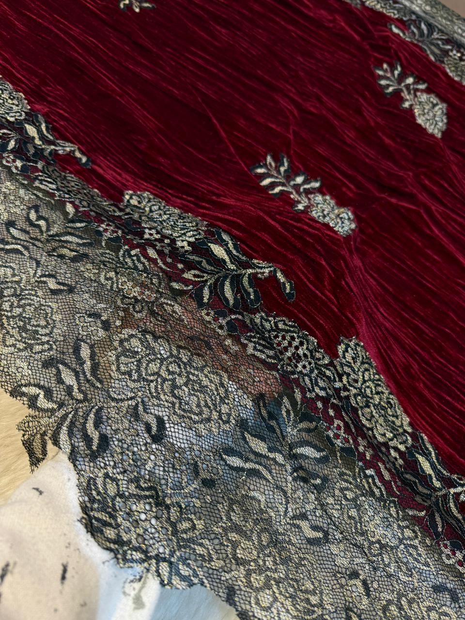 Maroon Crush Velvet Stoles With Cutwork Lace 2.10 meter length 37 inch width