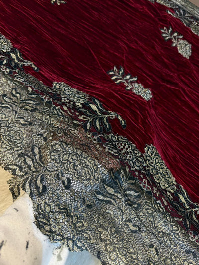 Maroon Crush Velvet Stoles With Cutwork Lace 2.10 meter length 37 inch width