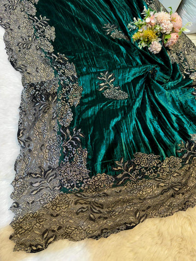 Bottle Green Crush Velvet Stoles With Cutwork Lace 2.10 meter length 37 inch width
