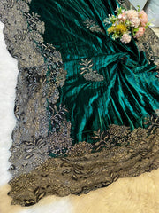 Bottle Green Crush Velvet Stoles With Cutwork Lace 2.10 meter length 37 inch width
