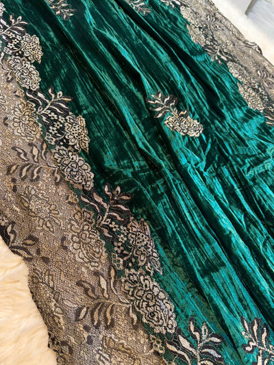 Bottle Green Crush Velvet Stoles With Cutwork Lace 2.10 meter length 37 inch width