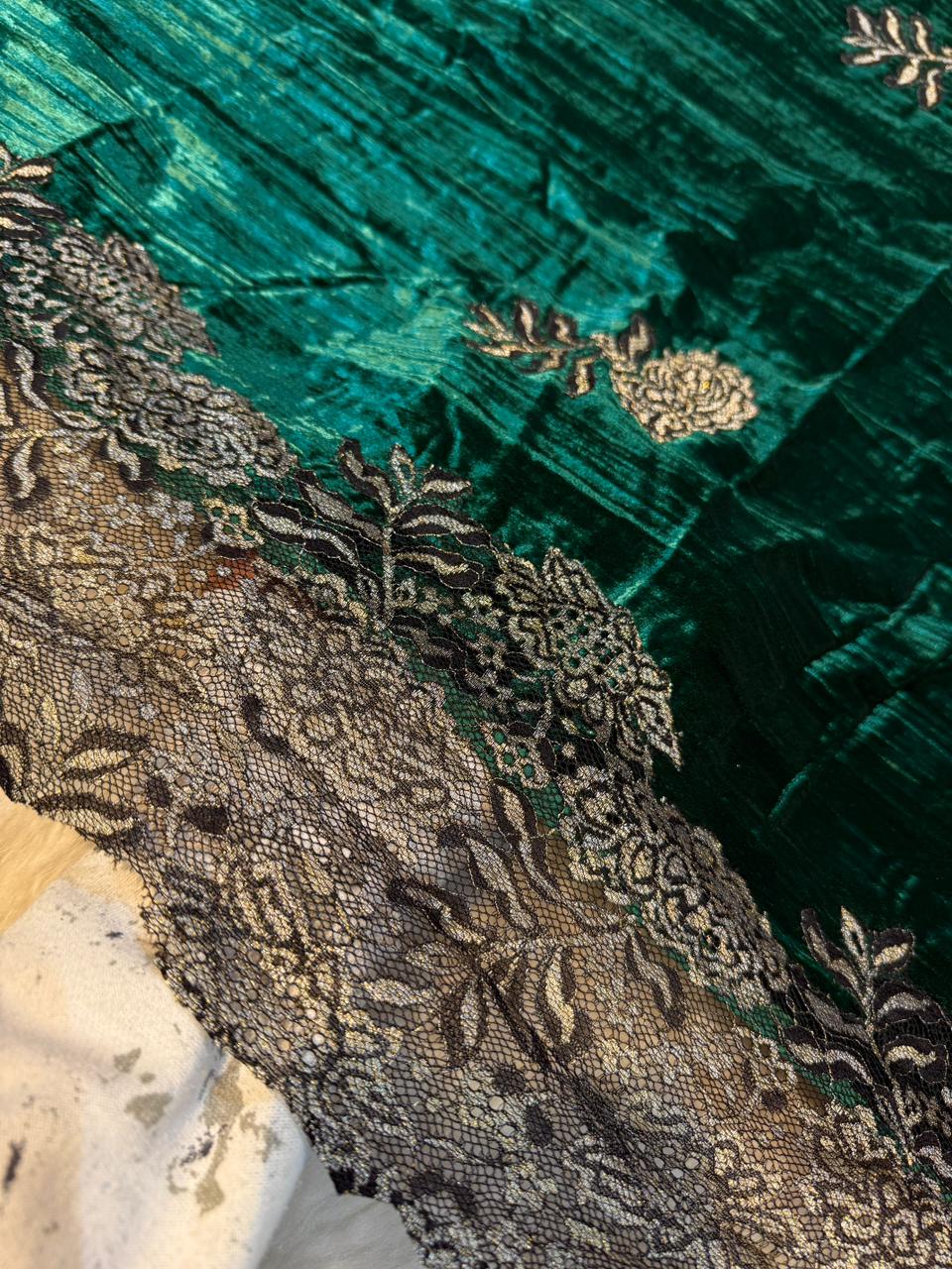 Bottle Green Crush Velvet Stoles With Cutwork Lace 2.10 meter length 37 inch width