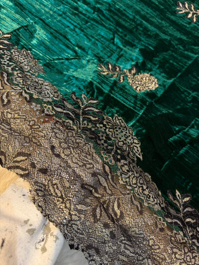 Bottle Green Crush Velvet Stoles With Cutwork Lace 2.10 meter length 37 inch width