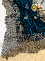 Teal Blue Velvet Stoles With Cutwork Lace 2.10 meter length 37 inch width