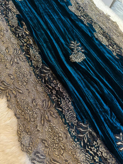 Teal Blue Velvet Stoles With Cutwork Lace 2.10 meter length 37 inch width