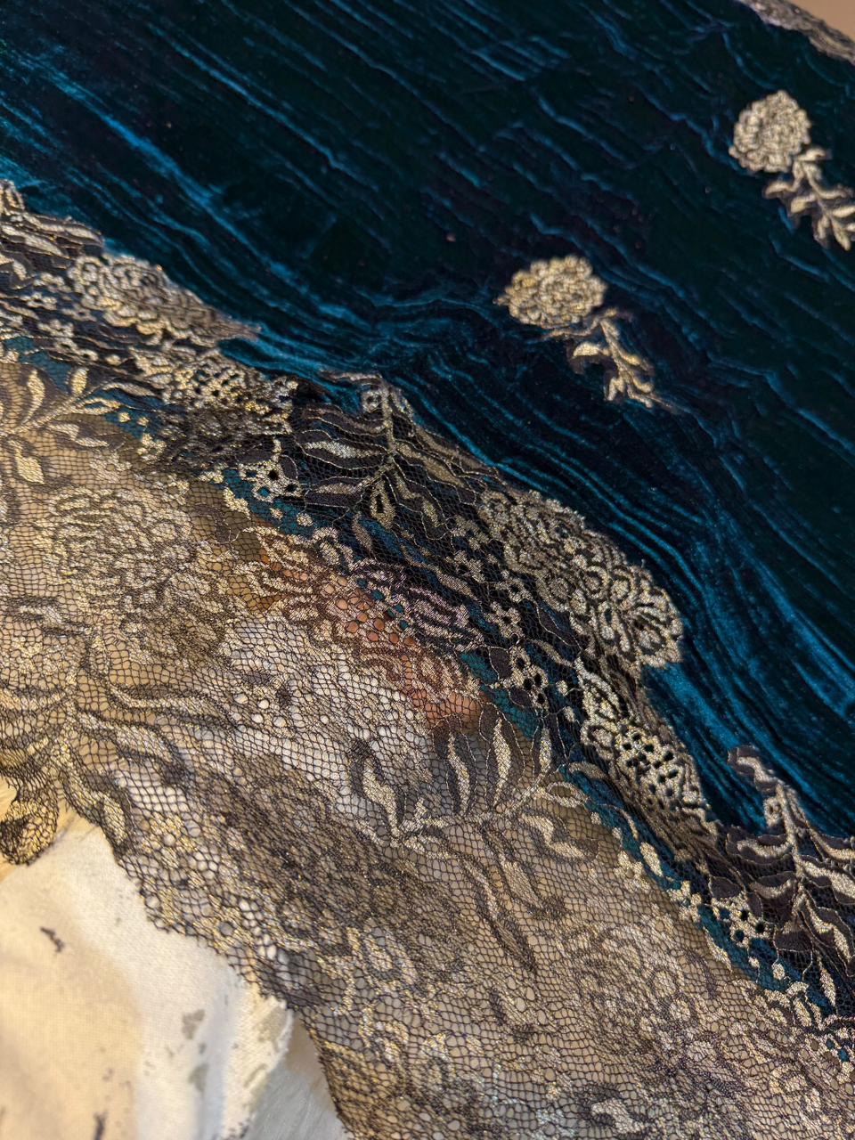 Teal Blue Velvet Stoles With Cutwork Lace 2.10 meter length 37 inch width