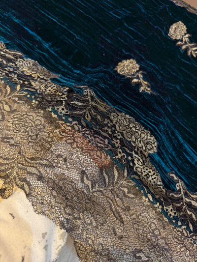 Teal Blue Velvet Stoles With Cutwork Lace 2.10 meter length 37 inch width