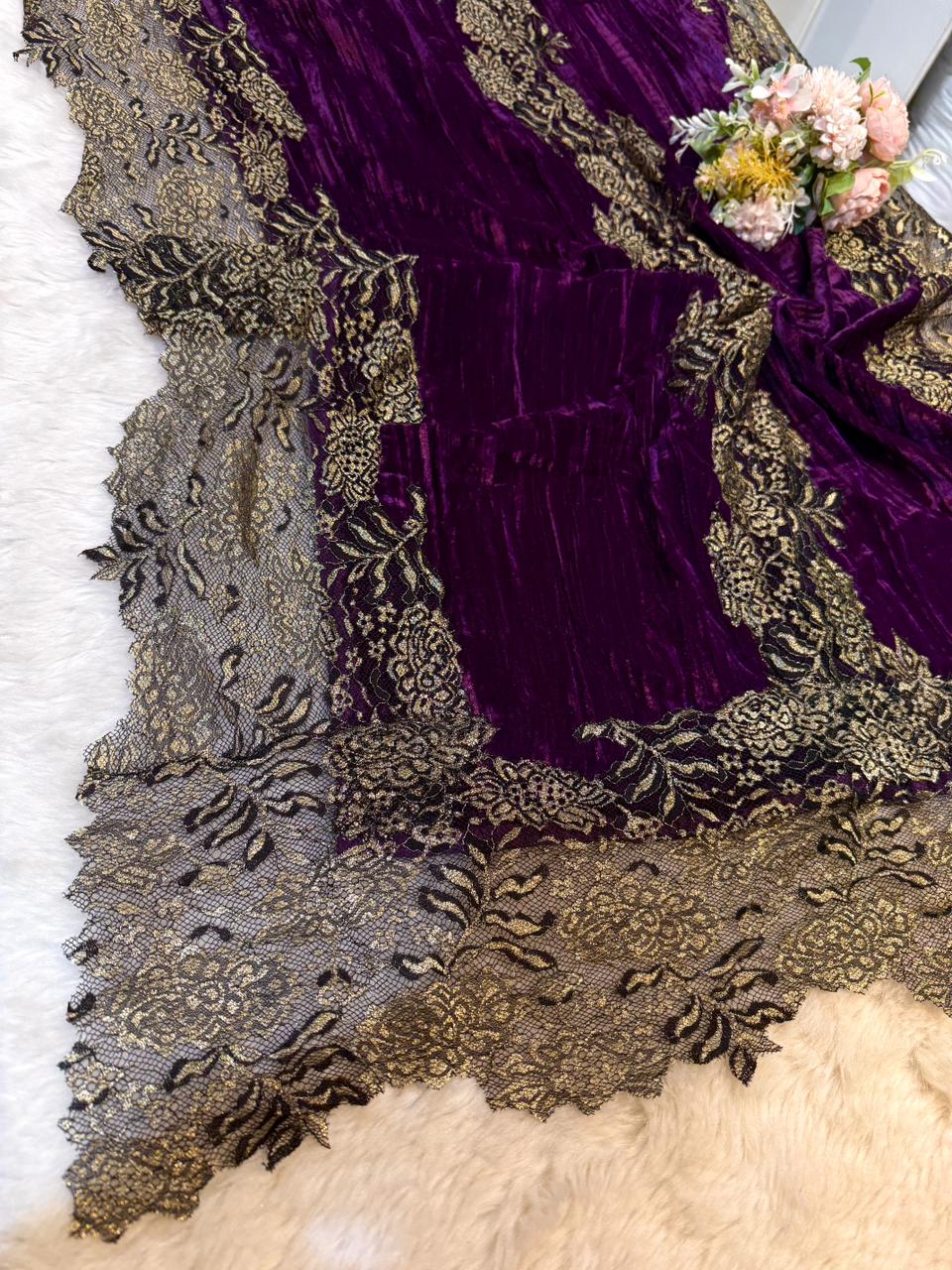 Purple Crush Velvet Stoles With Cutwork Lace 2.10 meter length 37 inch width